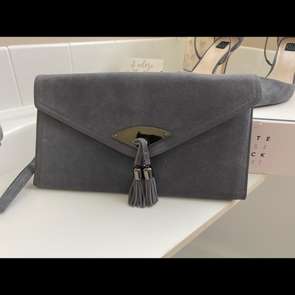 WHBM grey suede, clutch, never used